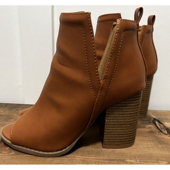 Pink Lily Boots Womens 6 US Leather Brown Heeled Ankle Bootie‎ Camel Peep Toe - Picture 1 of 7